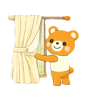 カーテンを貼る熊
